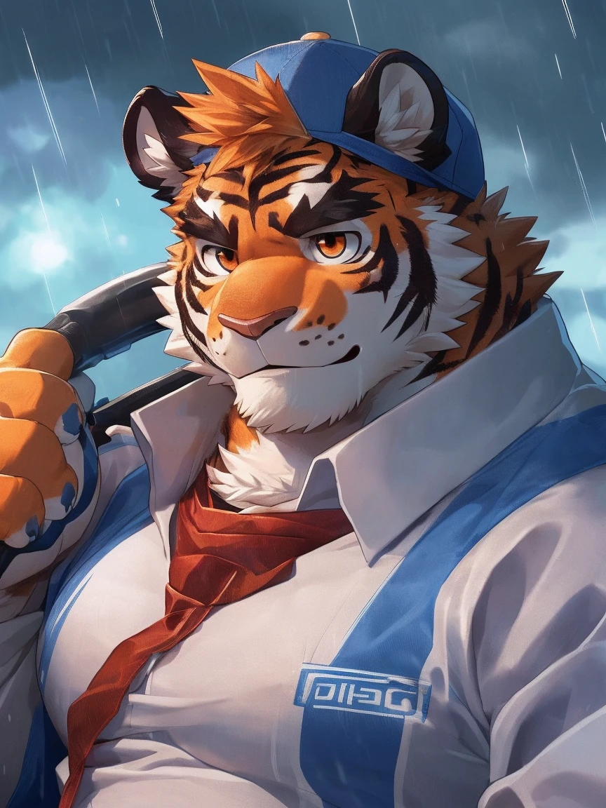 human nature, Wildlife, male,18 years old， solitary, ((Round Face, The face is plump,Orange eyes,Thick orange hair，With scars)), ((Endomorph, Handsome，Hot Blood)), (Sportswear，Light blue and white coat，Wear a sports cap), ((domestic tiger, tiger，) Fluffy fur, Fluffy), Bokeh, (high quality, high resolution, masterpiece), (Dynamic Lighting, Vibrant colors，Natural fill light), (Revitalize，harm，Disdain，aggressive), Full body picture (close up), cartoon, author：Takemoto Arashi, From zixiong, By Chunni, author：Empty Ghost，（background：Raining dead city）