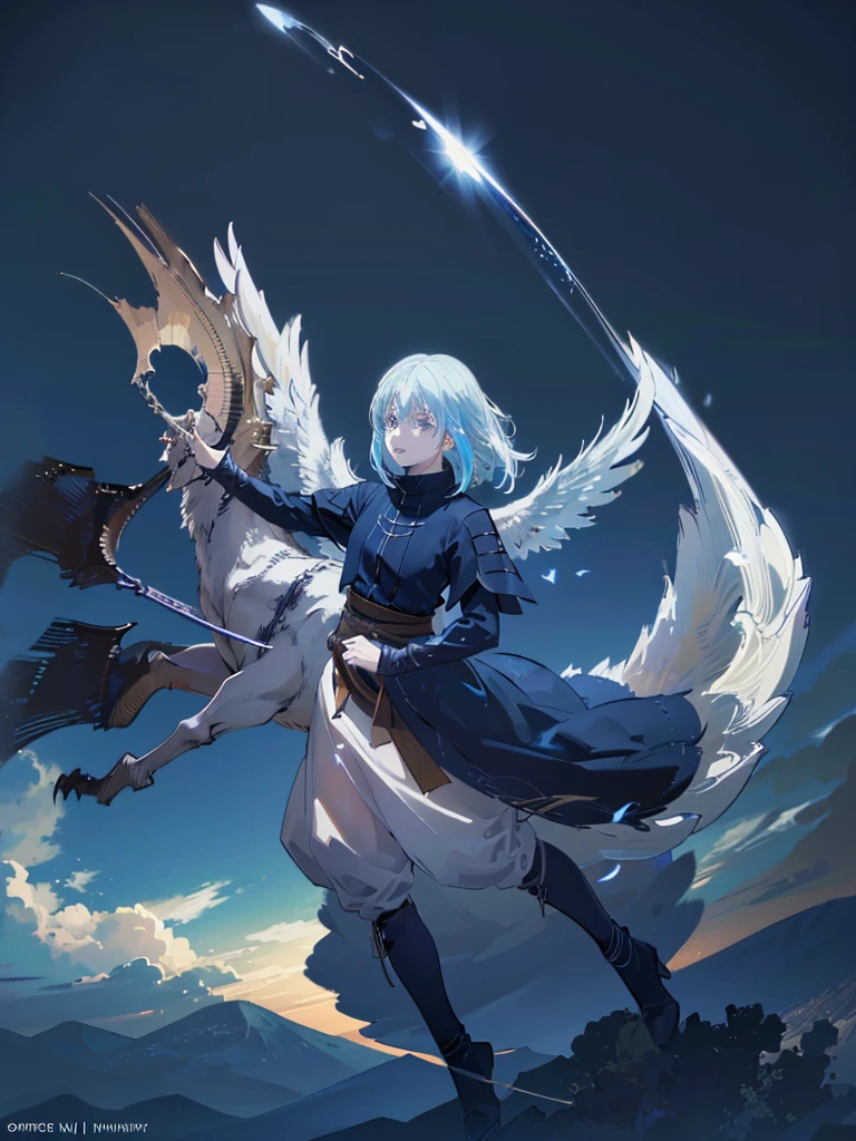 (Rimuru Tempest,Raphael,winged,flying in the air,fantasy,digital art,cinematic lighting,highly detailed,intricate details,dramatic lighting,atmospheric,cinematic composition,epic scale,dramatic pose,expressive eyes,beautiful detailed face,beautiful lips,delicate facial features,soft glowing light,vibrant colors,dynamic movement,ultra-detailed,photo-realistic)