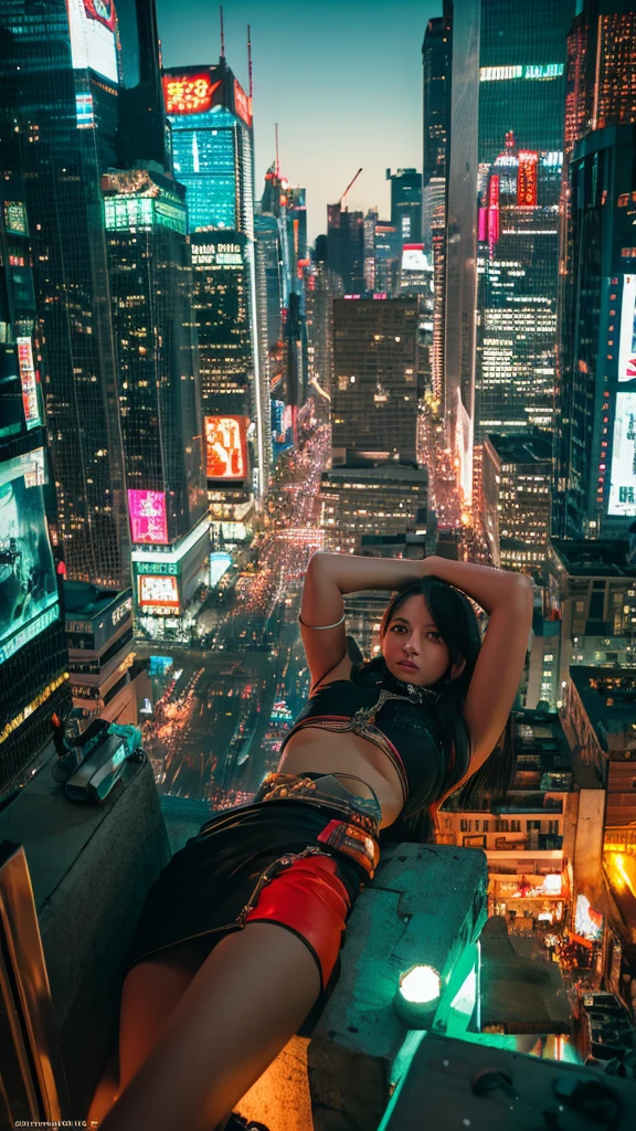 A giant woman in a lying on top of a cyberpunk city, Wear short skirts,Little guys running around the giant girl.