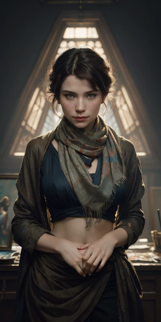 a painting of a woman with a scarf on her neck, craig mullins alphonse mucha, artgerm craig mullins, beautiful character painting, rhads and lois van baarle, artgerm and atey ghailan, charlie bowater rich deep colors, ross tran 8 k, ( ( mads berg ) ), artgerm and craig mullins