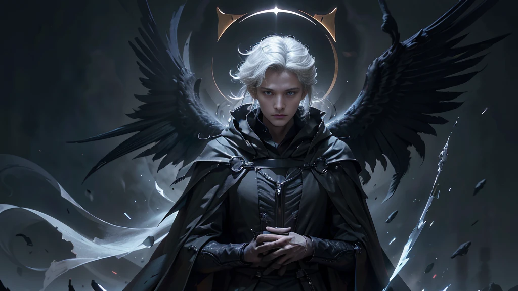 A white-haired man with a slender face, wearing a long black robe, large black wings, holding an antique book, standing, lice, darkness, his blue eyes shining with determination, showing his determination to achieve his goal. The white-haired god, slender face, wears a black cloak adorned with gold patterns, colored wings. He is long black, holding ancient scriptures, standing, hovering, darkness. His posture represents power and greatness. The male cartoon character with white hair, slender faces, wears an old-fashioned black robe, black wings look rough, holds a broken book, stands with lice. The gloom, his face represents fatigue and determination to overcome obstacles. A young man with white hair, a slender face, wears The black cloak looked simple, the black wings seemed light, held a new look book, stood up, the lice, the darkness. His posture represented peace and determination to build the future. The white-haired man, slender face, wore a long black robe, large black wings, held an antique book, stood, lice, darkness, gray eyes. His glares of determination show his determination to achieve his goal. A white-haired god with a slender face, wearing a black robe adorned with gold patterns, elongated black wings, holding an ancient scripture, standing with a roller coaster, darkness, his gestures symbolizing power and greatness. A man from the cartoon with white hair, with a slender face, wears an old-fashioned black robe, black wings and black wings. Rough, holding a broken book, standing, hovering, blackness, his face representing fatigue and determination to overcome obstacles. A young man with white hair, slender face, dressed in a simple black robe, black wings looking light, holding a new look, standing, dark. His gestures represent peace and determination to create the future. The image of a duet of gods and goddesses., An elegant god, a feisty body, large black bat wings, embracing a beautiful angel, long golden hair, large white wings, large breasts, enchanting bodies, both standing among colorful wildflower gardens, flowing waterfalls, splashing morning sunlight, romantic atmosphere. Flowing with love, the fairy sends a sweet smile, seducing the gods. White and black wings flutter back and forth in the garden of flowers, flowing streams, the sound of birds singing, singing songs of love, the gods.: Big tall, strong body, tight muscles, handsome face, aggressive but latent with charm, pilot black eyes, staring at the fairy with passion, large black bat wings spread out.