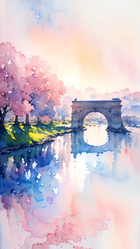 (masterpiece:1.2, highest quality),(very detailed),(((watercolor))),8k,wallpaper,landscape of france,arc de triomphe