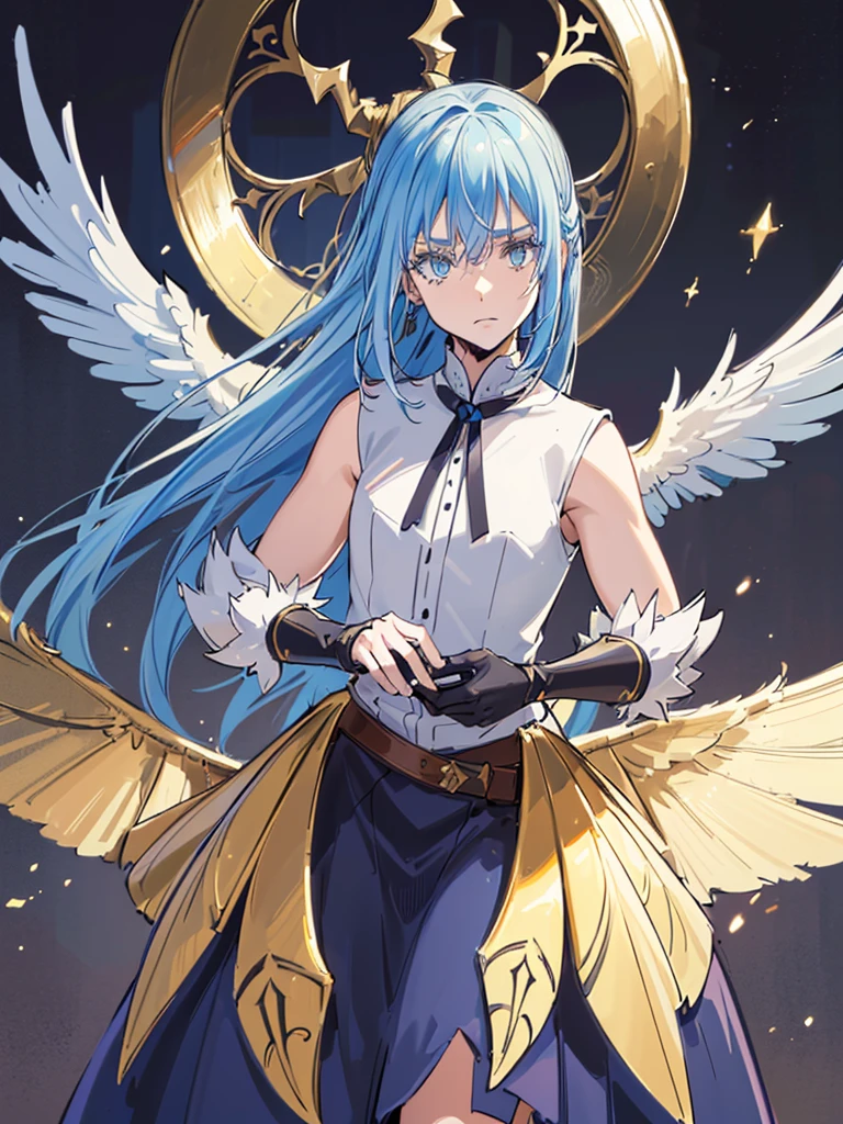 (best quality,4k,8k,highres,masterpiece:1.2),ultra-detailed,(realistic,photorealistic,photo-realistic:1.37),1 demonic androgynous character,long blue hair,golden eyes,demonic wings,Rey de reyes,Rimuru tempest,highly detailed face,intricate costume,fantasy,dramatic lighting,cinematic composition,moody atmosphere,dark colors