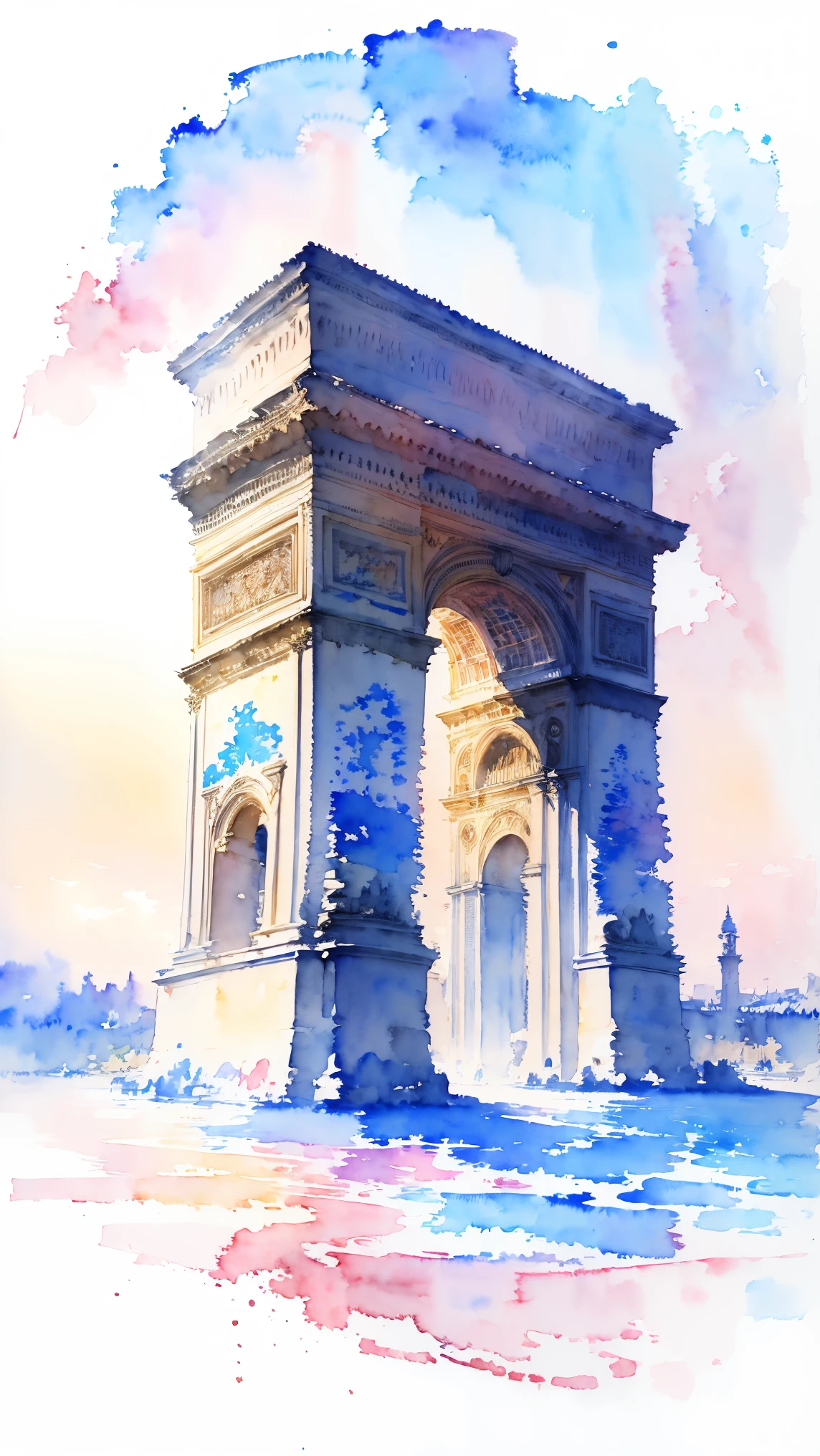 (masterpiece:1.2, Highest quality),(Very detailed),(((watercolor))),8K,wallpaper,Landscape of France,Arc de Triomphe,(((透明watercolor)))