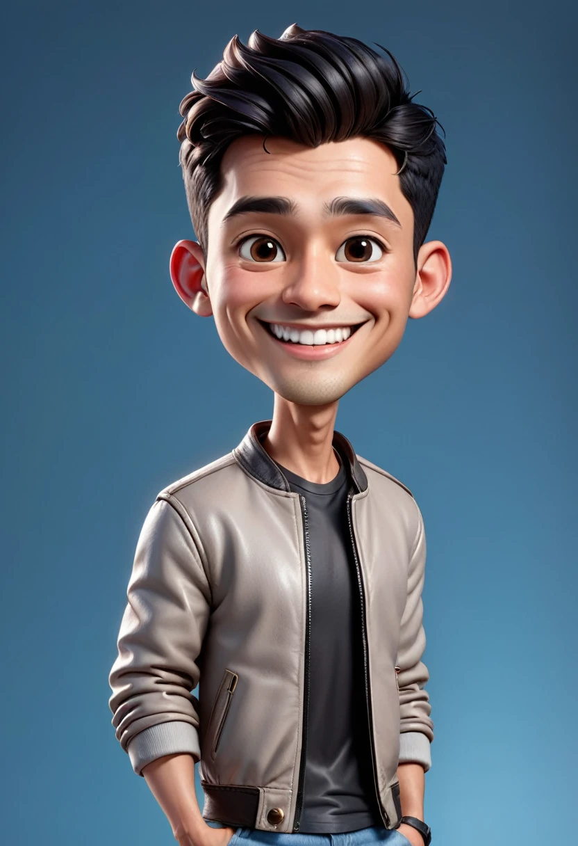 Create a 3D animation of a cartoon caricature with a big head. a 20 year old Indonesian man. He has short black hair parted on the right side. His face is oval with smooth lines, thick and neat black eyebrows, normal eyes, a big nose, and thin lips with a wide, friendly smile. He wore a light gray leather jacket over a white t-shirt. Gradient blue background with professional lighting. masterpiece, top quality, highly detailed skin and face, ultra-realistic, high definition, studio lighting, sharp focus, 2/3 body angle, Concept Art, 3D rendering.