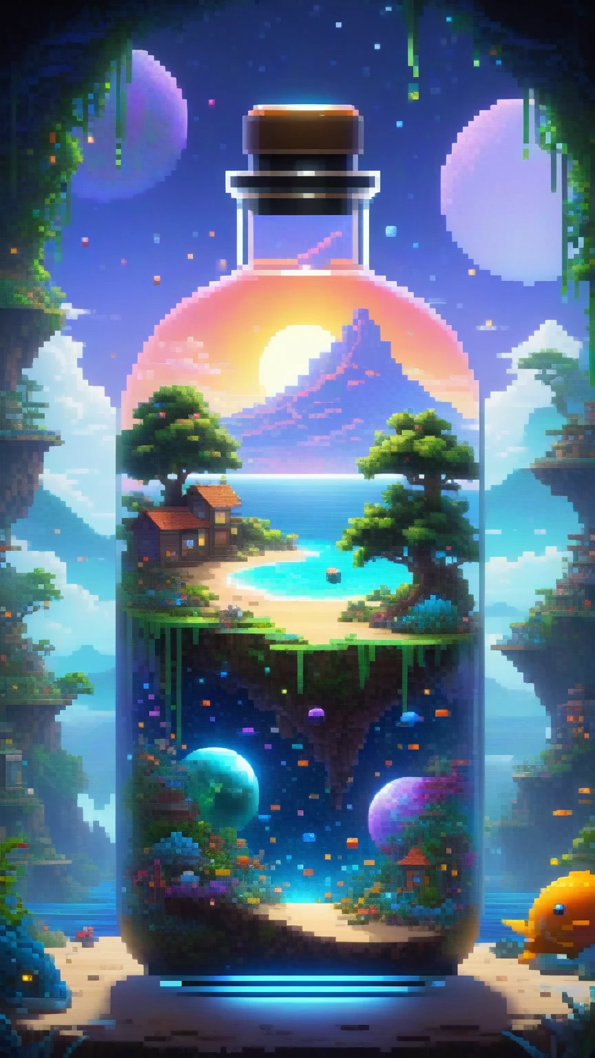 Pixel art, L'univers observable entier est dans une bouteille, Comme un rêve, paysage surréaliste, Créatures mystérieuses, réalité déformée, Surréalisme静物, (peinture à l&#39;huile extrêmement détaillée:1.2), effet lumineux, lumière divine, Peinte à la main, faire, 8k, dessin animé, octane faire, cinéma 4d, mixeur, sombre, 大气 4k 超详细, sensuel, concentration claire, illustrations humoristiques, grande profondeur de champ, chef-d&#39;œuvre, couleur, 3d octane faire, 4k, art conceptuel, populaire sur ArtStation, Surréalisme, Vivid couleur, extremely detailed CG unity 8k wallpaper, populaire sur ArtStation, populaire sur CGSociety, Complexe, Détails élevés, Spectaculaire, (chef-d&#39;œuvre), (Meilleure qualité), (extrêmement détaillé), (Moteur irréel), (octane faire), (rapport sur le développement humain)