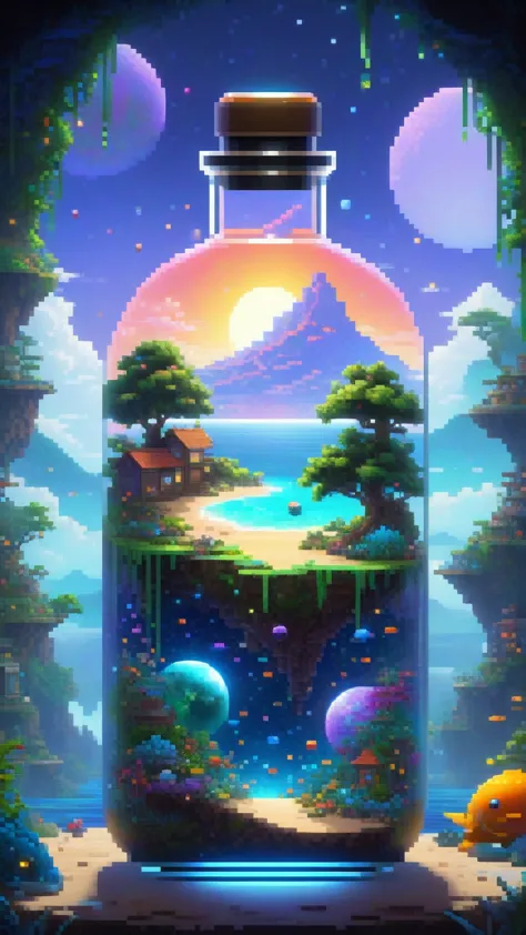 Pixel Art, The entire observable universe is in a bottle, Like a dream, Surreal landscape, Mysterious Creatures, Distorted reali...