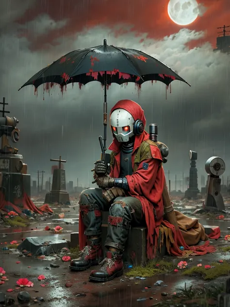 wasteland，A poor old robot sat on a rock, (Umbrella:1.3)，(用手撑着Umbrella:1.3)，(sit:1.2)，rust，Wearing tattered red armor，The skylin...