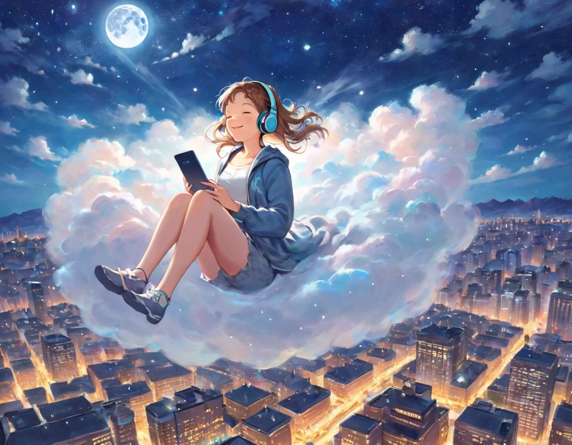 A captivating Gil Elvgrin-style fantasy illustration showcases a woman luxuriating atop a fluffy cloud in the moonlit night sky, surrounded by a dreamliketranquility. She wears headphones, immersing herself in an auditory paradise while effortlessly floating above the cityscape below. The city shimmers with a myriad of twinkling lights, reflecting the vibrant colors and energy that fill the scene. The radiant moon and countless stars illuminate the sky above, lending an otherworldly magic to the composition. 