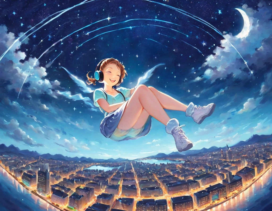 Une captivante illustration fantastique de style Gil Elvgrin présente une femme se prélassant au sommet d&#39;un nuage moelleux dans le ciel nocturne éclairé par la lune., entouré d&#39;une tranquillité onirique. Elle porte des écouteurs, se plonger dans un paradis auditif tout en flottant sans effort au-dessus du paysage urbain en contrebas. La ville scintille d&#39;une myriade de lumières scintillantes, reflétant les couleurs vibrantes et l&#39;énergie qui remplissent la scène. La lune rayonnante et d&#39;innombrables étoiles illuminent le ciel au-dessus, conférant une magie surnaturelle à la composition. 