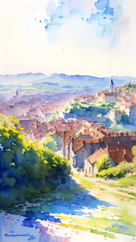 (masterpiece:1.2, highest quality),(very detailed),(((watercolor))),8k,wallpaper,landscape of france,view from the hill of montm...