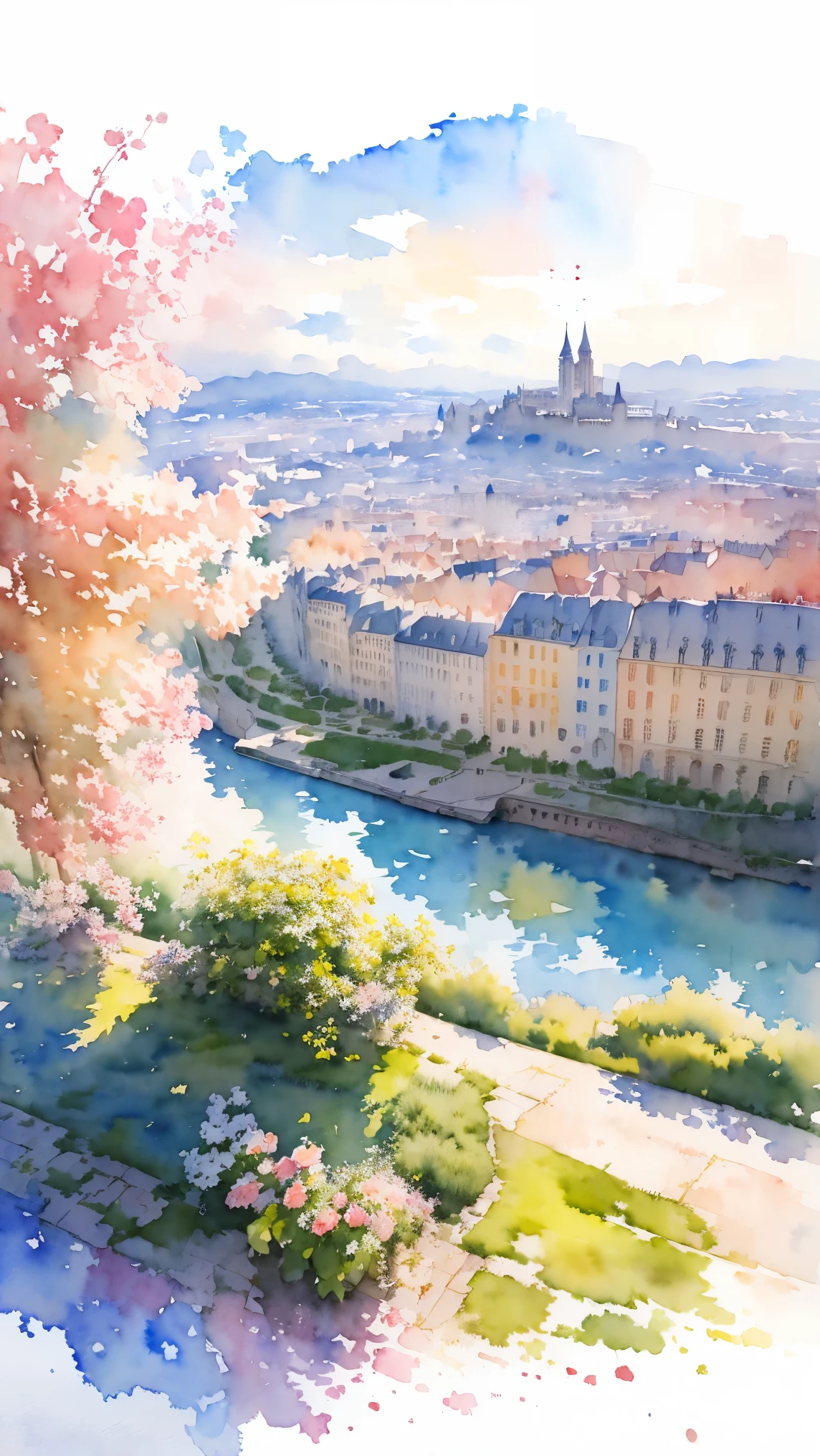 (masterpiece:1.2, Highest quality),(Very detailed),(((watercolor))),8k,wallpaper,Landscape of France,View of Paris from Montmartre hill,(((Transparent watercolor)))