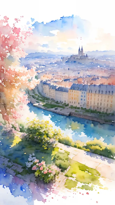 (masterpiece:1.2, Highest quality),(Very detailed),(((watercolor))),8K,wallpaper,Landscape of France,View of Paris from Montmart...