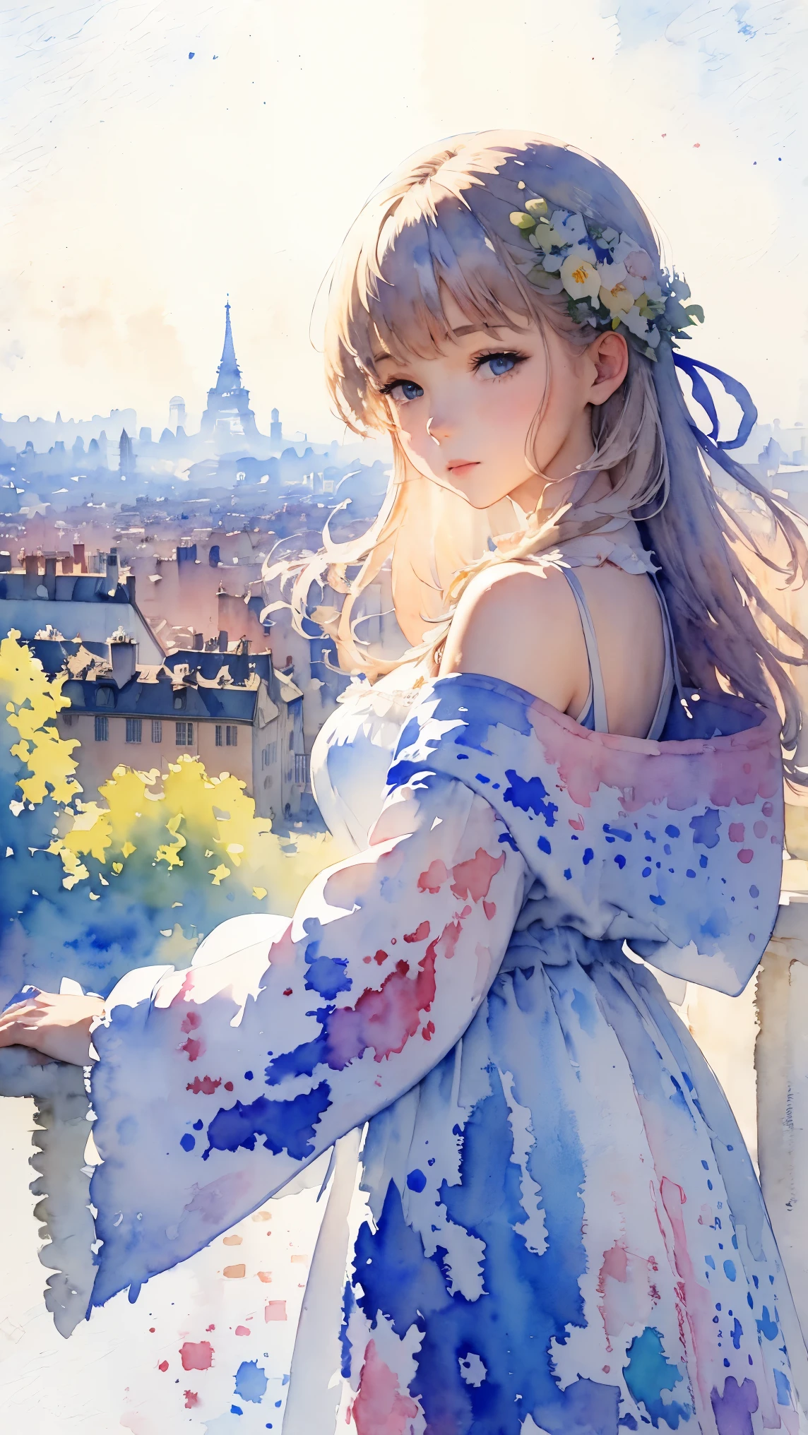 (Obra de arte:1.2, mais alta qualidade),(Muito detalhado),(((aquarela))),8K,papel de parede,Paisagem da França,Vista de Paris da colina de Montmartre,(((透明aquarela)))