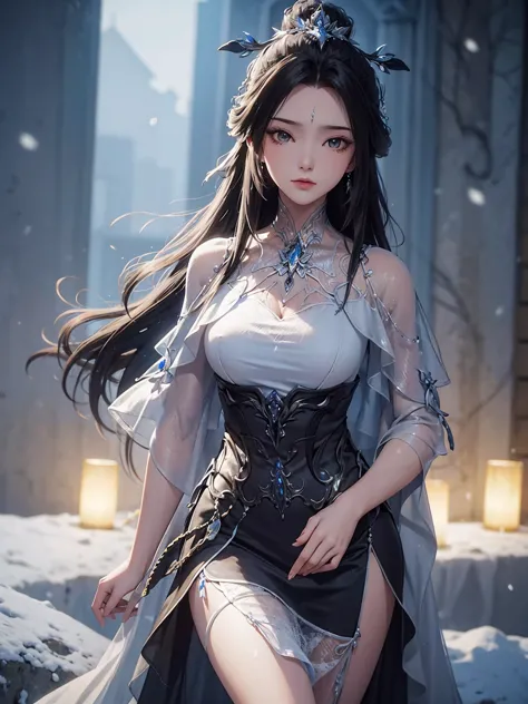A girl，whole body，，Lace，Off-shoulder，Slit skirt，antiquity，snowflake，snow