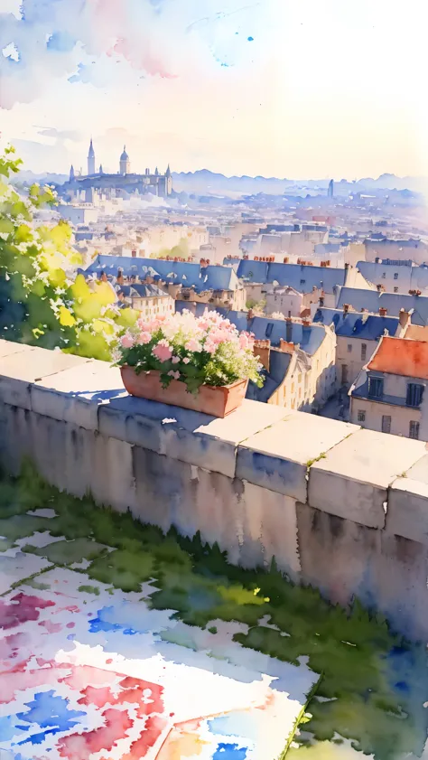 (masterpiece:1.2, highest quality),(very detailed),(((watercolor))),8k,wallpaper,landscape of france,view of paris from montmart...