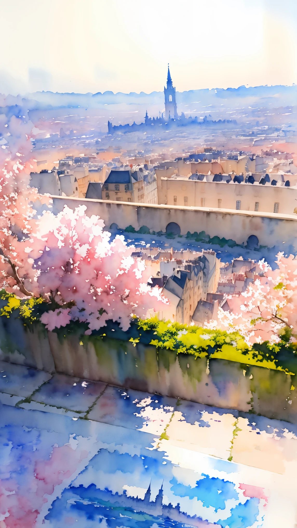 (masterpiece:1.2, Highest quality),(Very detailed),(((watercolor))),8K,wallpaper,Landscape of France,View of Paris from Montmartre hill