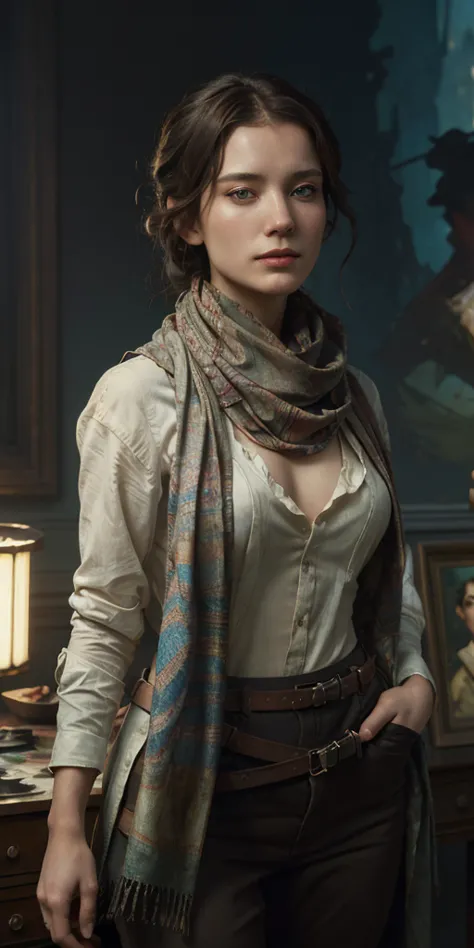 a painting of a woman with a scarf on her neck, (1girl:1.4), craig mullins alphonse mucha, artgerm craig mullins, beautiful char...