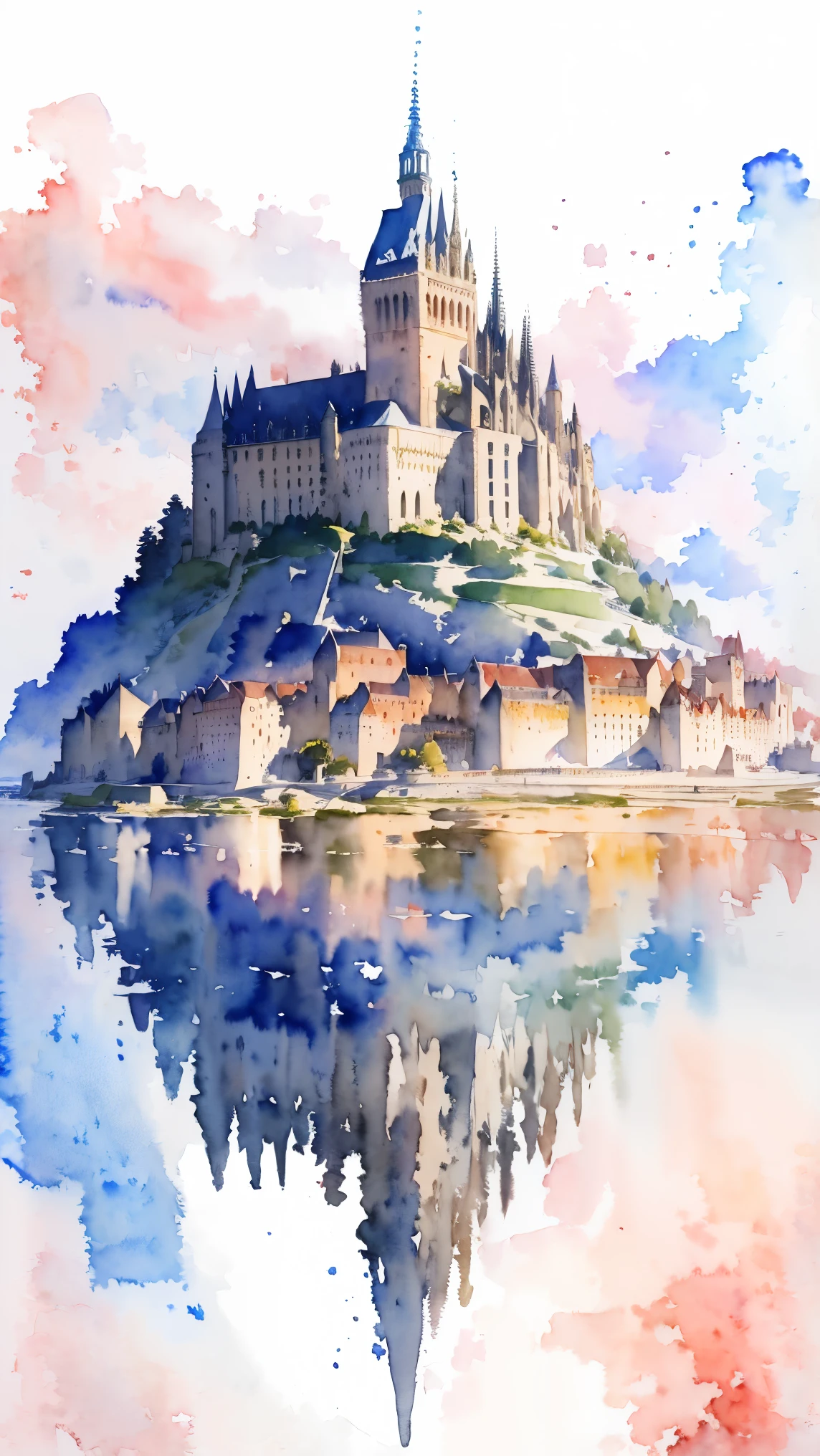 (chef-d&#39;œuvre:1.2, la plus haute qualité),(Très détaillé),(((aquarelle))),8k,Fond d&#39;écran,Paysage de France,Mont Saint-Michel,(((透明aquarelle)))