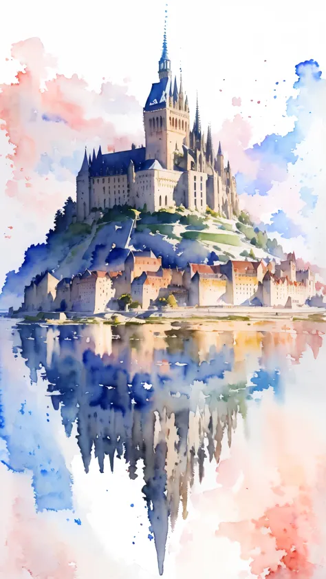 (masterpiece:1.2, Highest quality),(Very detailed),(((watercolor))),8K,wallpaper,Landscape of France,Mont Saint-Michel,(((透明wate...
