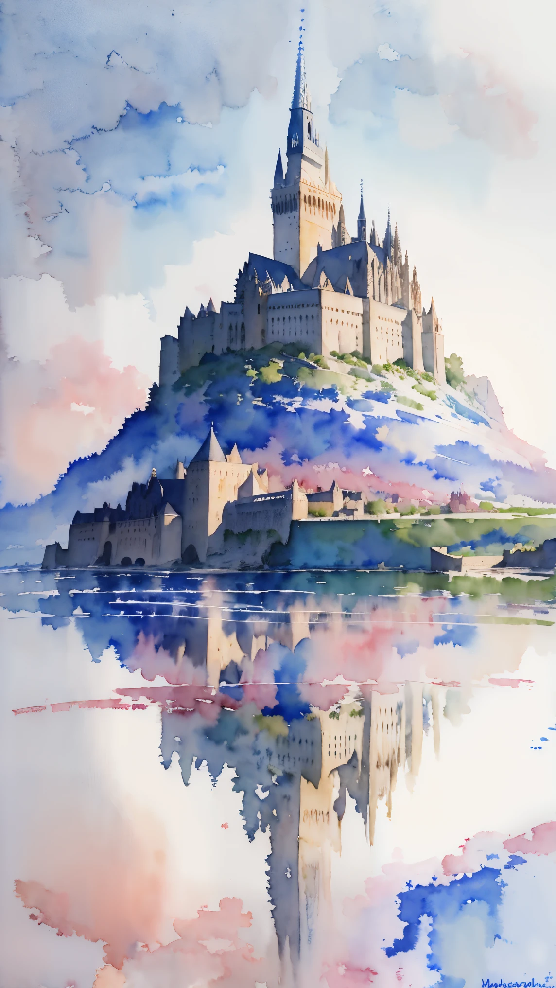 (masterpiece:1.2, Highest quality),(Very detailed),(((watercolor))),8K,wallpaper,Landscape of France,Mont Saint-Michel