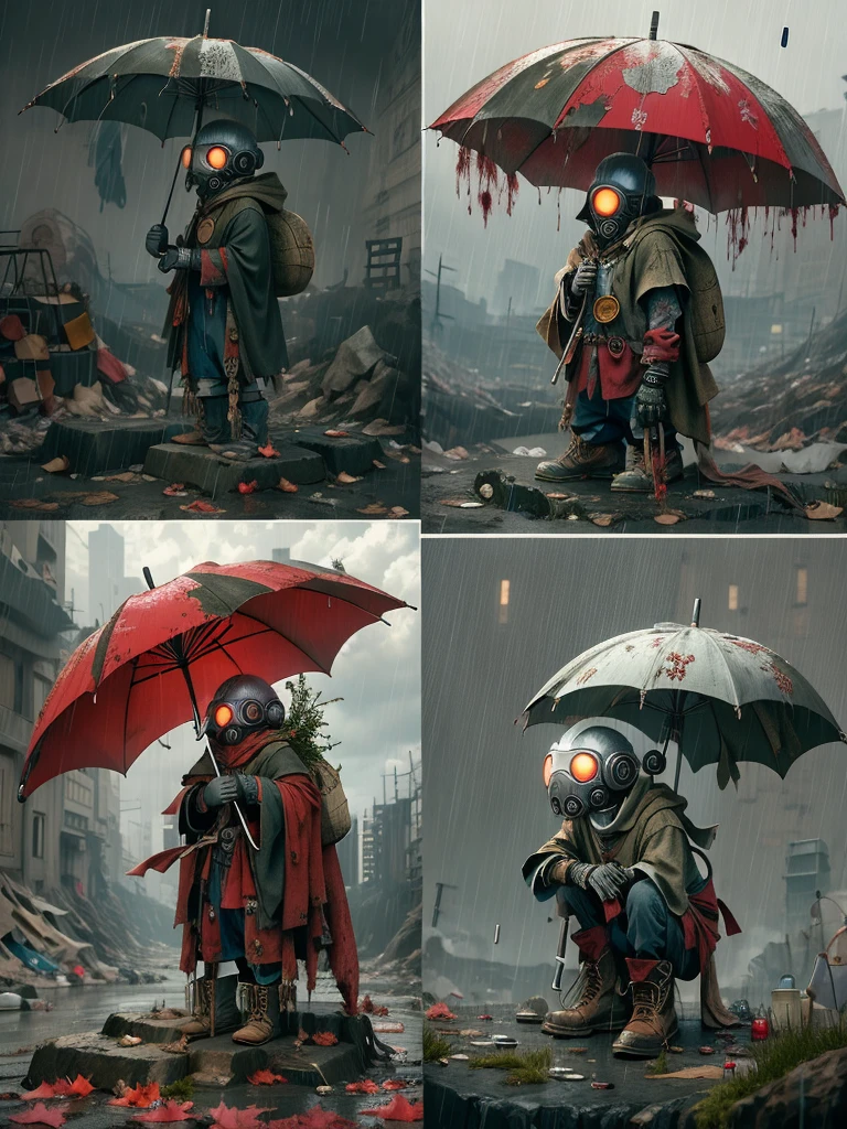 wasteland，A poor old robot sat on a rock, (umbrella:1.3)，(用手撑着umbrella:1.3)，(sit:1.2)，rust，Wearing tattered red armor，The skyline in the distance，Gothic，moss，A small white flower，cemetery，Gothic Church，Blood red moon，Gothic Elements，In the heavy rain，cold，gloomy