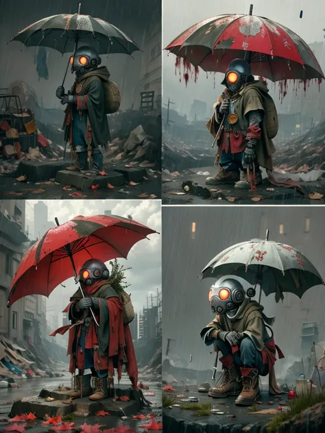 wasteland，A poor old robot sat on a rock, (Umbrella:1.3)，(用手撑着Umbrella:1.3)，(sit:1.2)，rust，Wearing tattered red armor，The skylin...