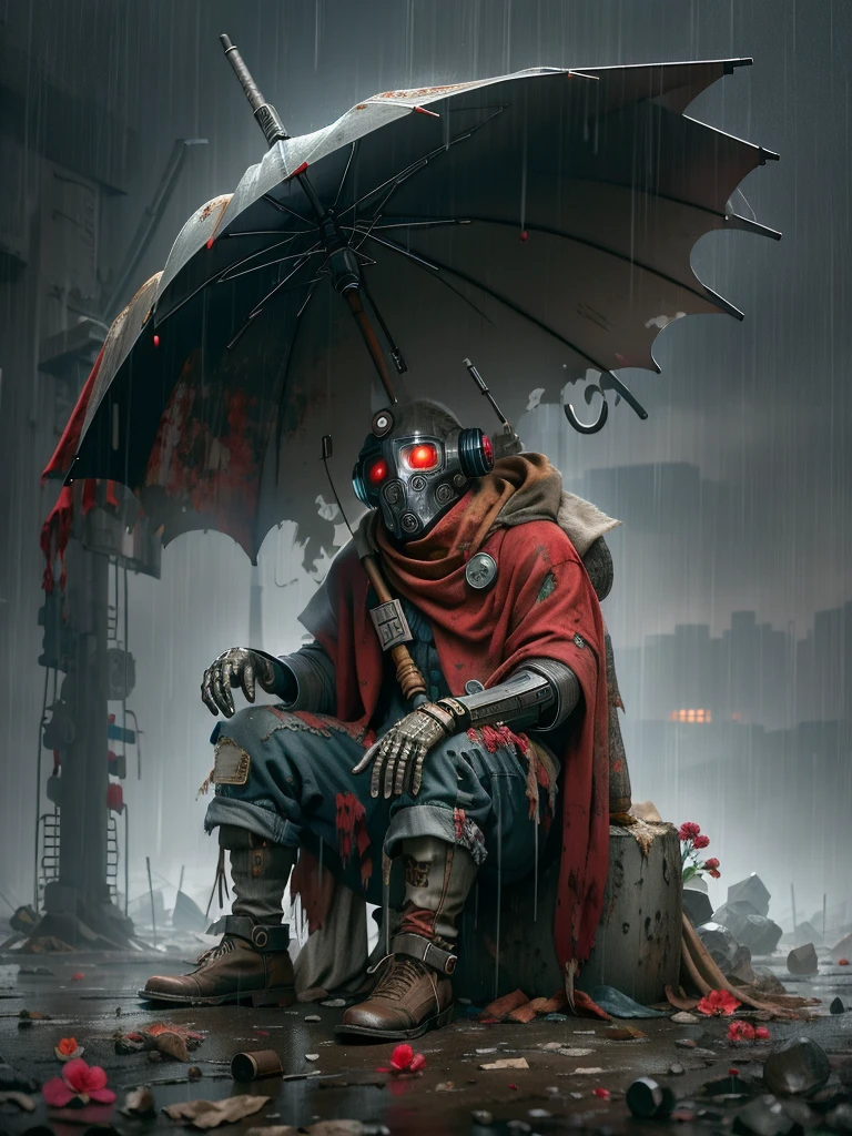 wasteland，A poor old robot sat on a rock, (umbrella:1.3)，(用手撑着umbrella:1.3)，(sit:1.2)，rust，Wearing tattered red armor，The skyline in the distance，Gothic，moss，A small white flower，cemetery，Gothic Church，Blood red moon，Gothic Elements，In the heavy rain，cold，gloomy