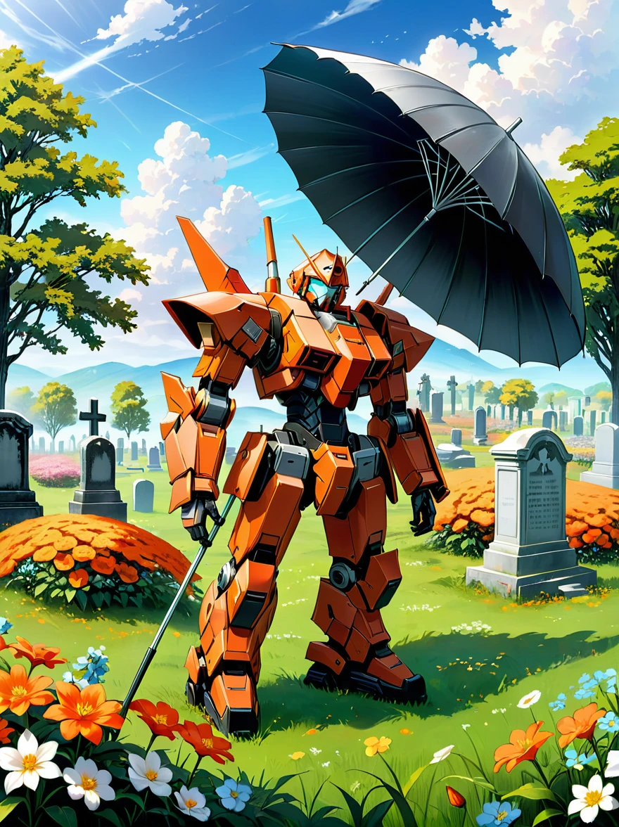 Un robot de color rojo anaranjado se encuentra en un prado lleno de flores.，(Sosteniendo un enorme paraguas de acero)，baja la cabeza，(Toda la escena parece ruinosa..)，(soledad)，Cementerio，lápida sepulcral