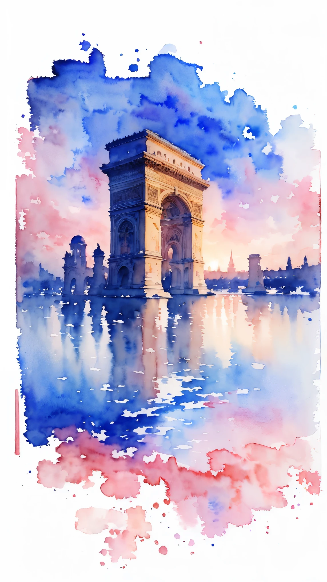 (masterpiece:1.2, Highest quality),(Very detailed),(((watercolor))),8k,wallpaper,Landscape of France,Arc de Triomphe,night,(((Transparent watercolor)))