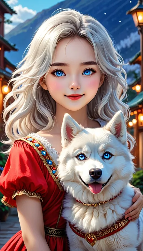 Create a close-up portrait in 4K resolution of a girl in a red dress with a white Siberian Husky dog. The girl should have a joy...