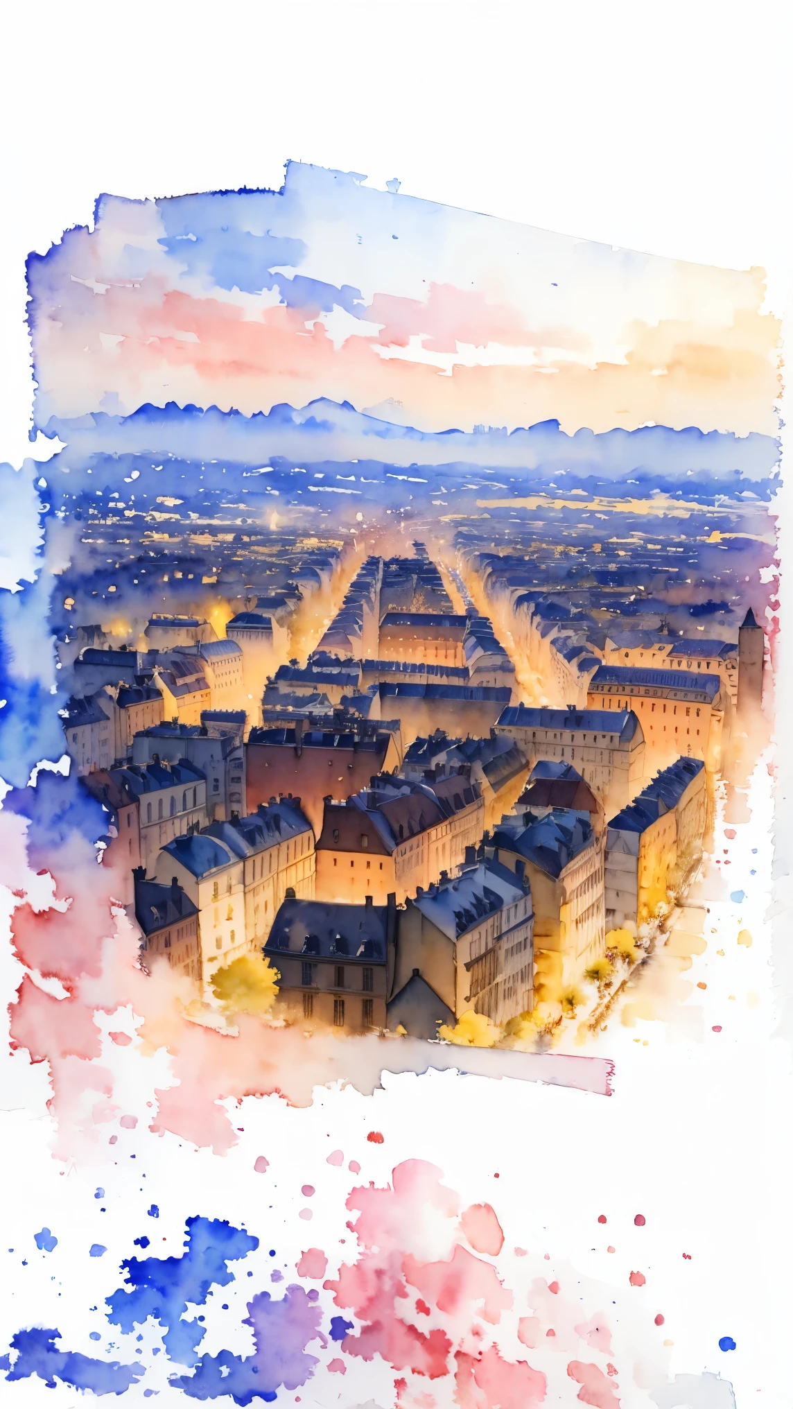 (obra maestra:1.2, de la máxima calidad),(Muy detallado),(((acuarela))),8K,fondo de pantalla,Paisaje de Francia,Vista de París desde la colina de Montmartre,Noche