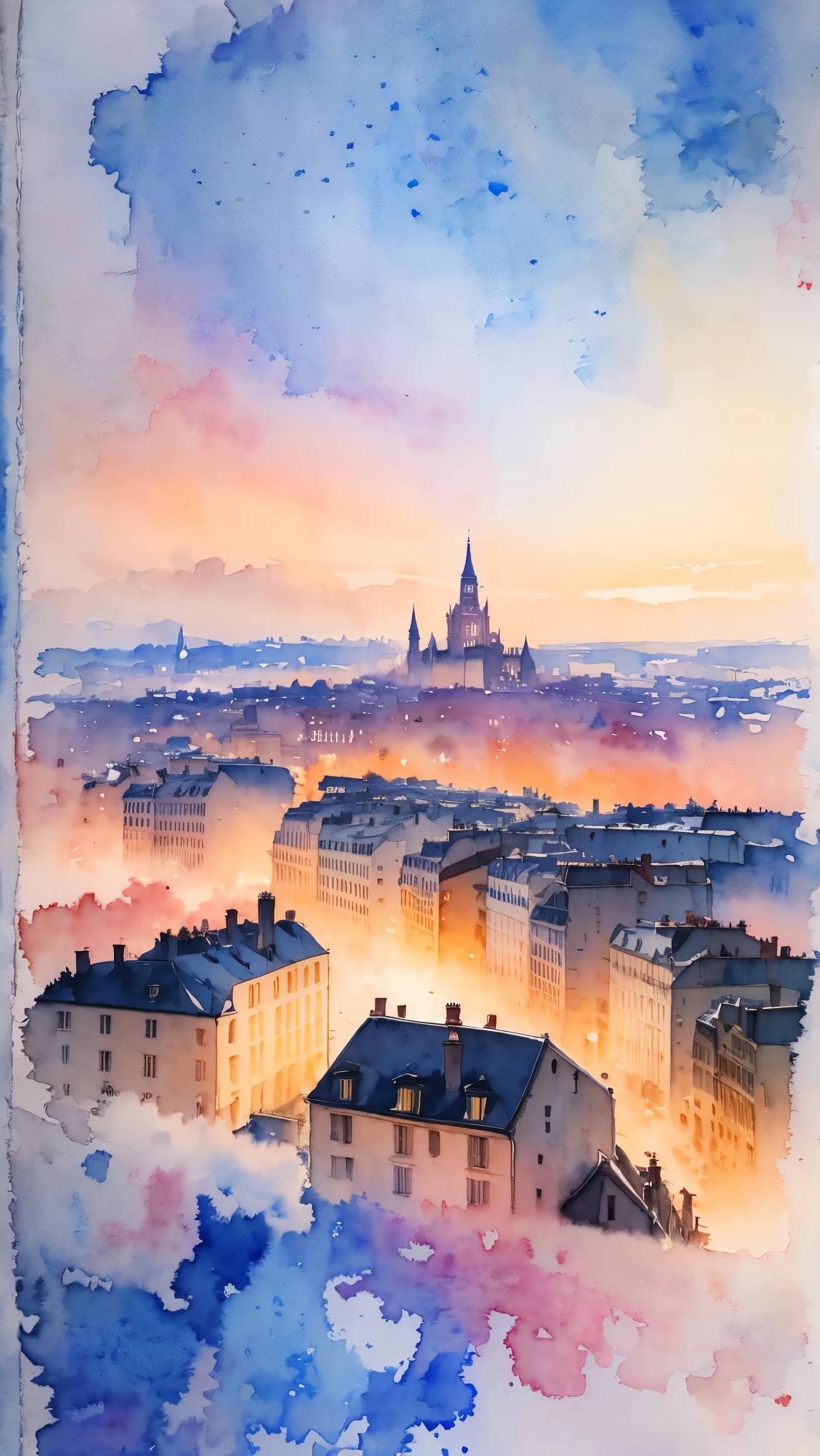 (masterpiece:1.2, Highest quality),(Very detailed),(((watercolor))),8k,wallpaper,Landscape of France,View of Paris from Montmartre hill,night,(((Transparent watercolor)))