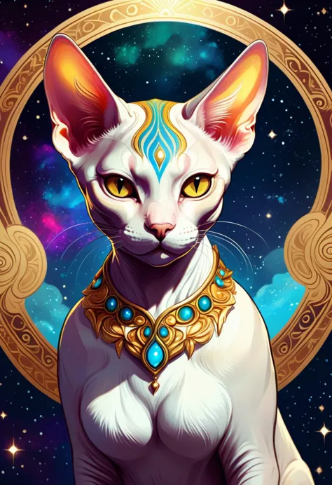 a medium quality digital illustration of a sphynx cat, gold and cosmic elements, isabelle, okumura masanobu, fantasy art, magica...