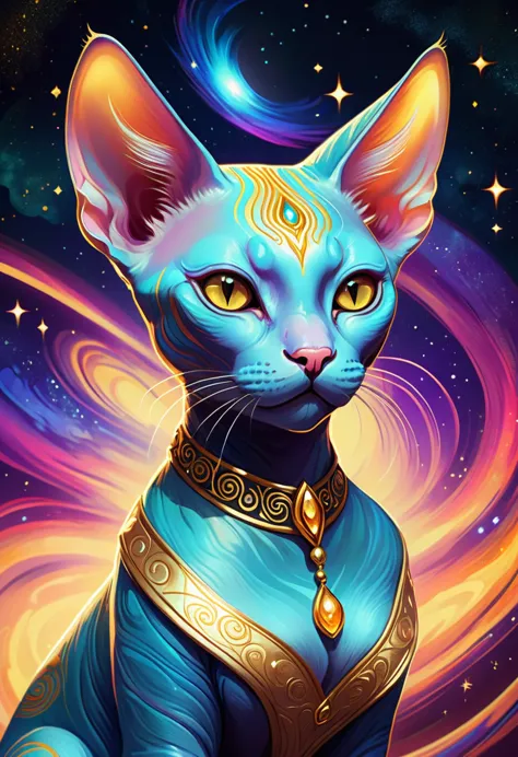 a medium quality digital illustration of a sphynx cat, gold and cosmic elements, isabelle, okumura masanobu, fantasy art, magica...