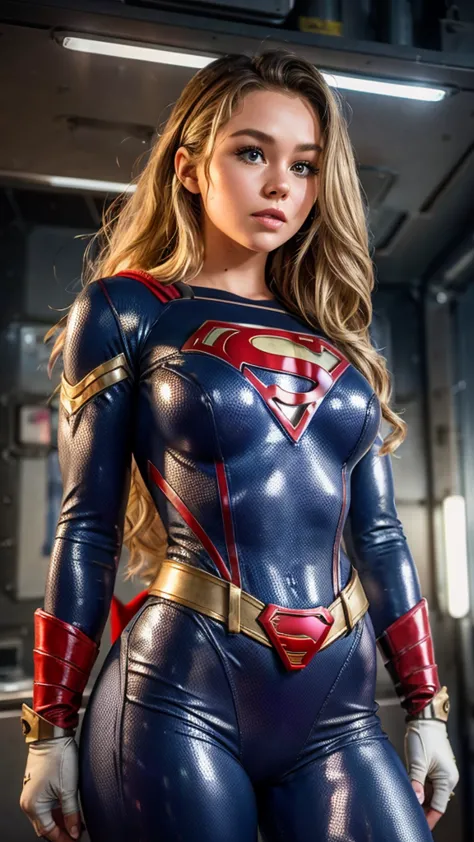 best quality raw photo of brec bassinger as a movie star, (inside of a spacehulk:1.2), ((organic:1.2) Supergirl bodysuit:1.2), (...