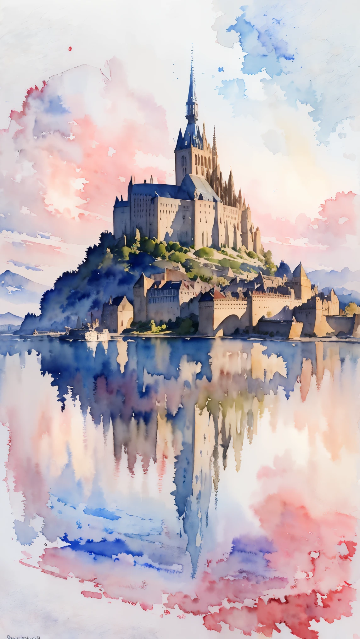 (masterpiece:1.2, Highest quality),(Very detailed),(((watercolor))),8K,wallpaper,Landscape of France,Mont Saint-Michel,evening