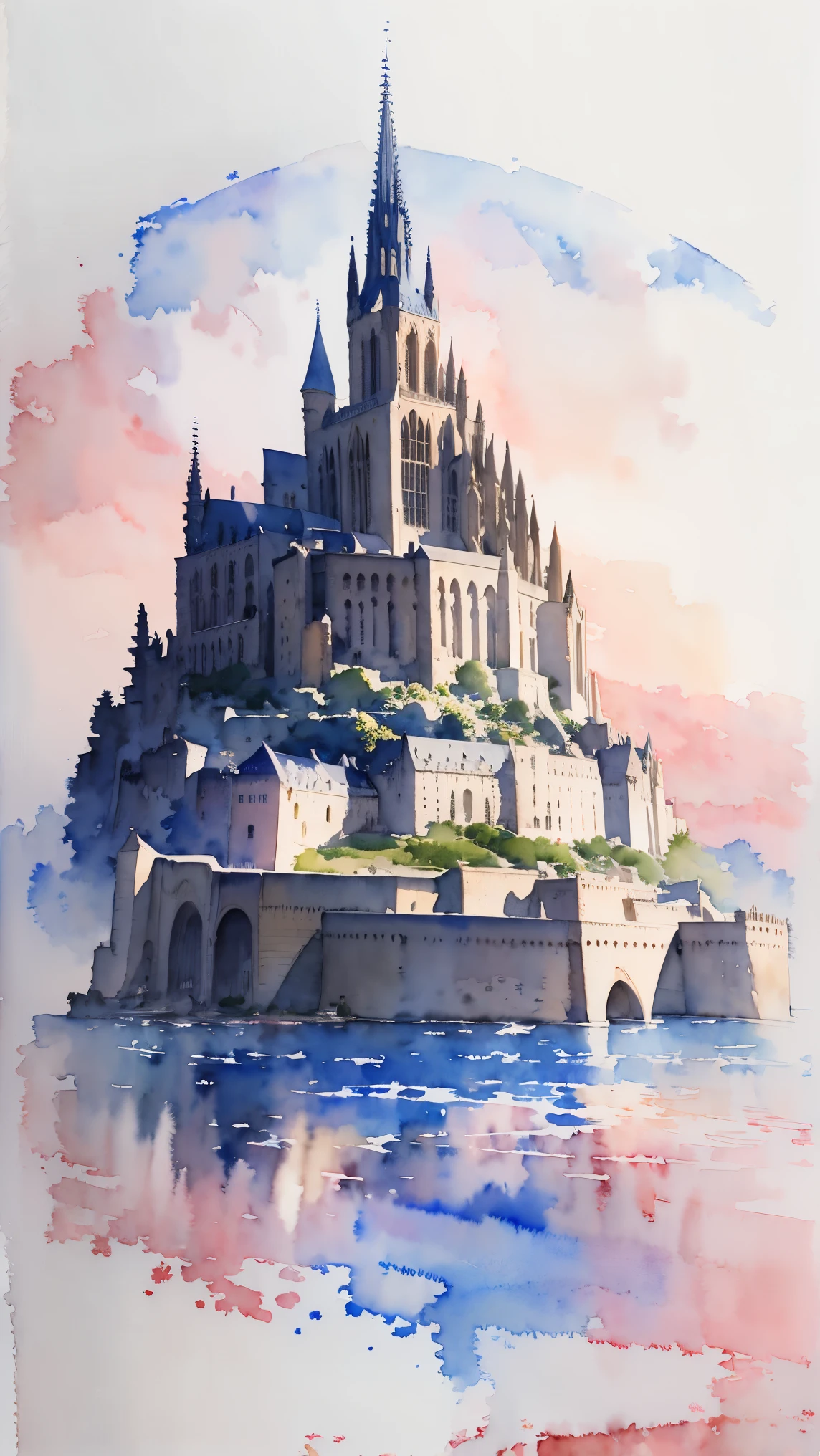 (masterpiece:1.2, Highest quality),(Very detailed),(((watercolor))),8K,wallpaper,Landscape of France,Mont Saint-Michel,evening
