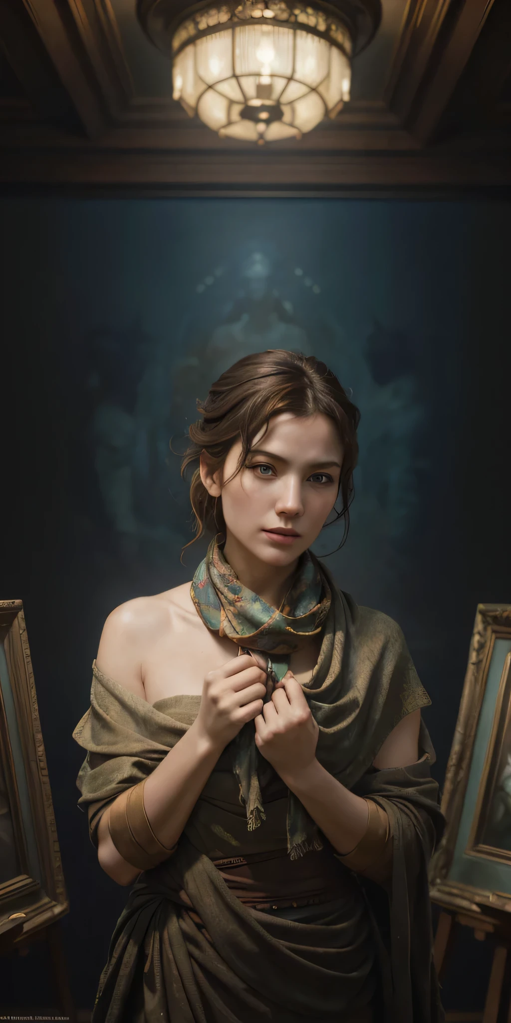 a painting of a woman with a scarf on her neck, (1girl:1.4), craig mullins alphonse mucha, artgerm craig mullins, beautiful character painting, rhads and lois van baarle, artgerm and atey ghailan, charlie bowater rich deep colors, ross tran 8 k, ( ( mads berg ) ), artgerm and craig mullins