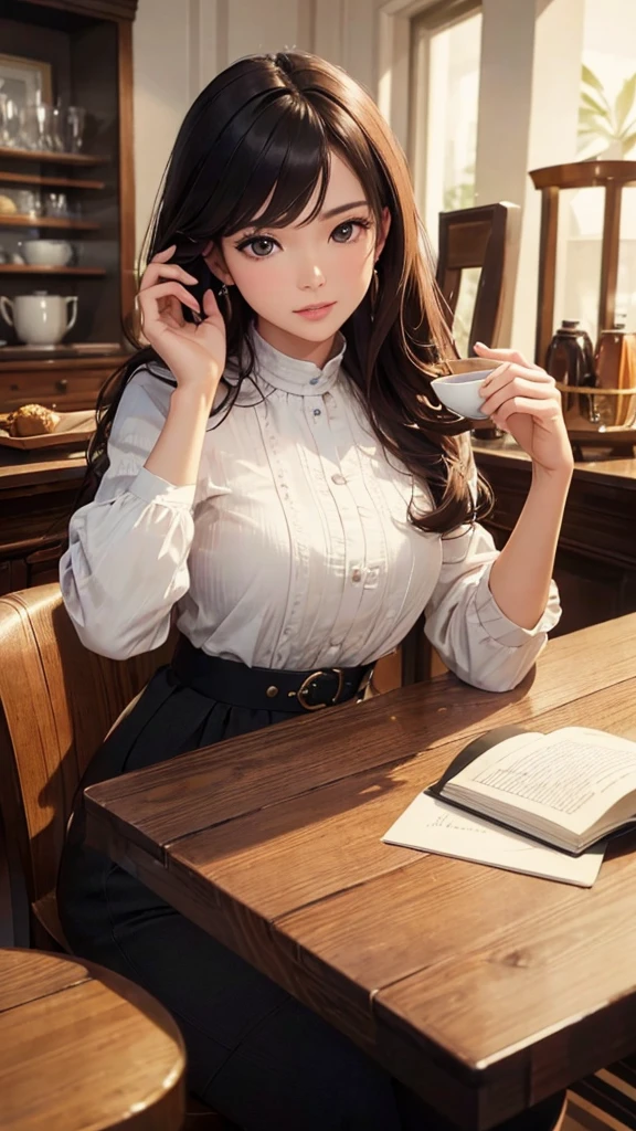 (8K, Highest quality, masterpiece:1,2), (Realistic, photo-Realistic:1,37), Highest quality, masterpiece, Beautiful woman, I want to drink coffee, Coffee cup, Elegant Style. Indonesian women&#39;s style, Beautiful white skin, Beautiful Eyes, Medium Hair, wearing a watch