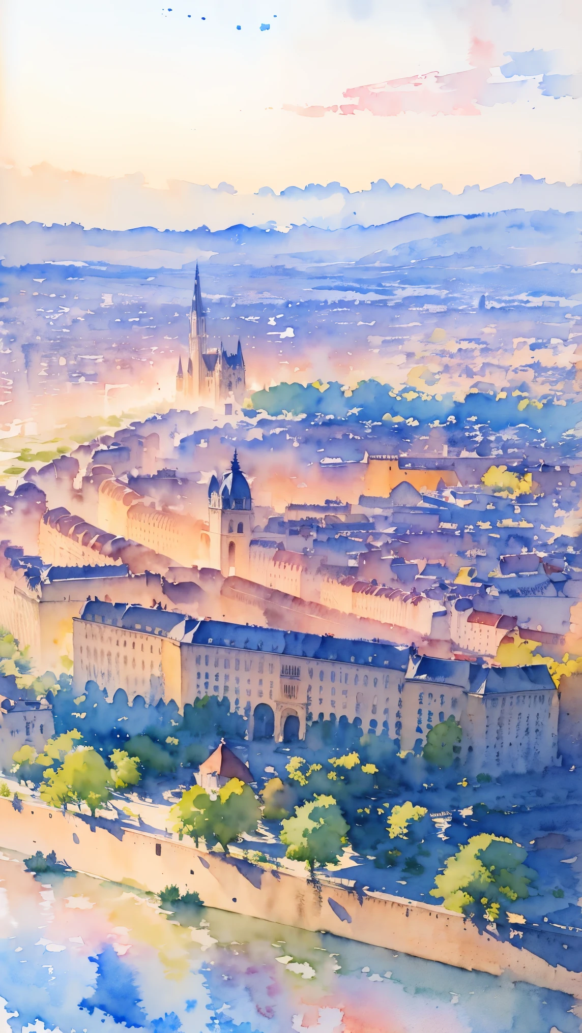 (obra maestra:1.2, de la máxima calidad),(Muy detallado),(((acuarela))),8K,fondo de pantalla,Paisaje de Francia,Ciudad de París,desde el cielo