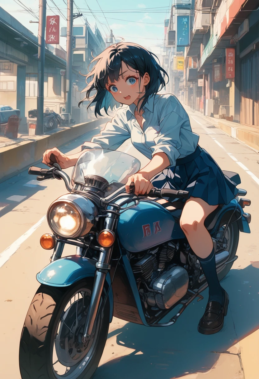 Digital Cyberpunk Art、Highest quality、Ultra-high quality CG Unity 8K、Black Hair Semi-Long、Shiny、Wear a cyberpunk white collared button-up shirt、Wear a cyberpunk navy blue short box pleated skirt、Japanese 、Riding on motorcycle、CBR400Rに乗る、Drive on the highway