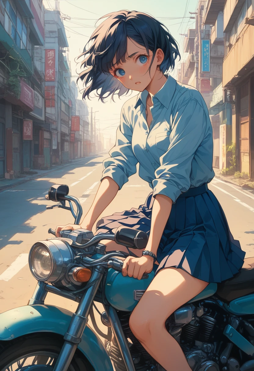 Digital Cyberpunk Art、Highest quality、Ultra-high quality CG Unity 8K、Black Hair Semi-Long、Shiny、Wear a cyberpunk white collared button-up shirt、Wear a cyberpunk navy blue short box pleated skirt、Japanese 、Riding on motorcycle、CBR400Rに乗る、Drive on the highway