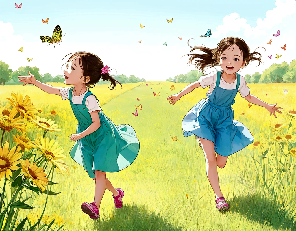 In a bright and cheerful field, two children chased butterflies with small nets. One child ran ahead while the other followed closely behind, both in a state of playful pursuit. The scene was filled with the essence of childhood innocence, as they joyfully ran through the tall grass under the warm sunlight, capturing the exuberance and wonder of their carefree adventure