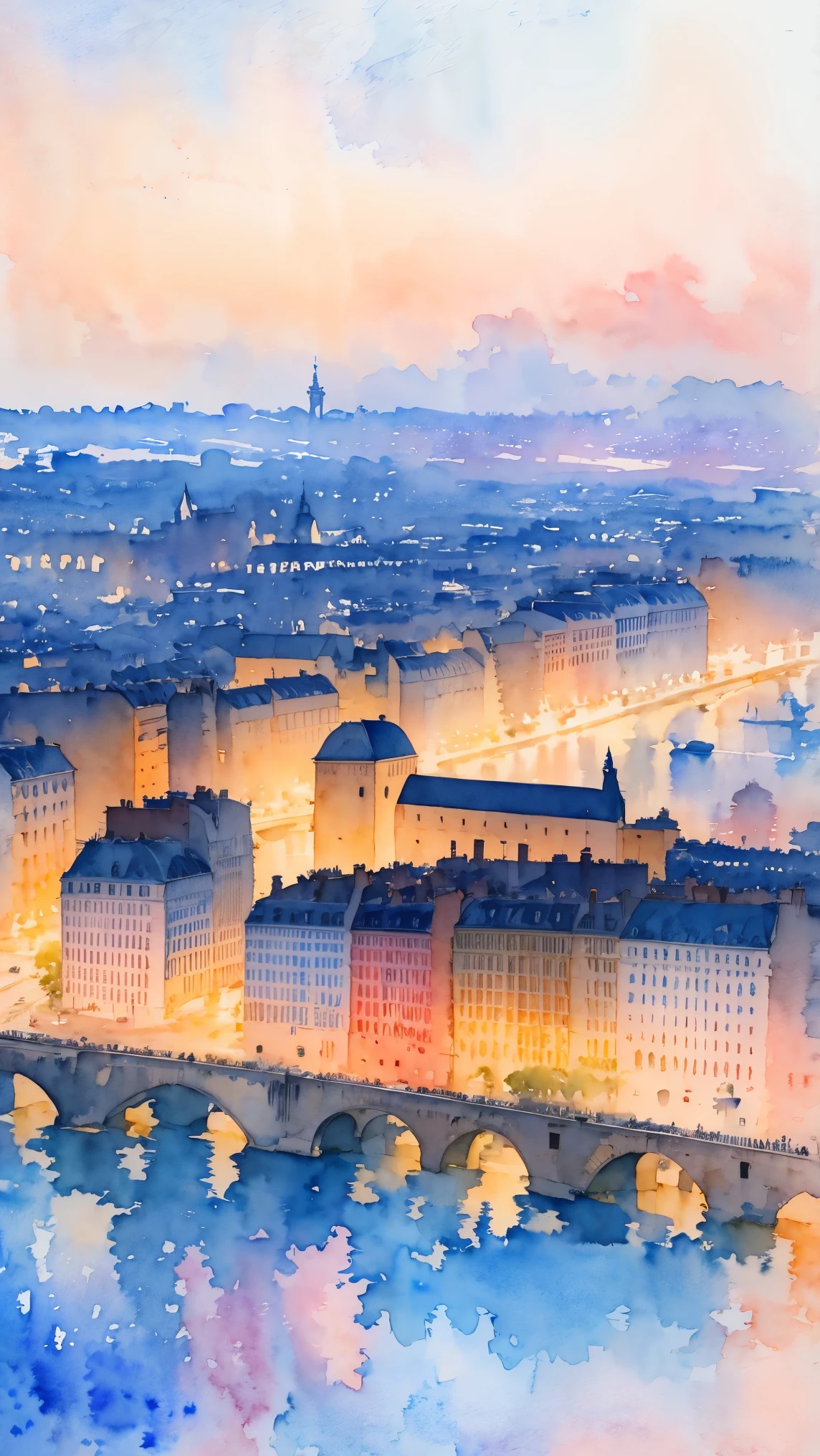 (masterpiece:1.2, Highest quality),(Very detailed),(((watercolor))),8K,wallpaper,Landscape of France,Paris city,From the sky,night