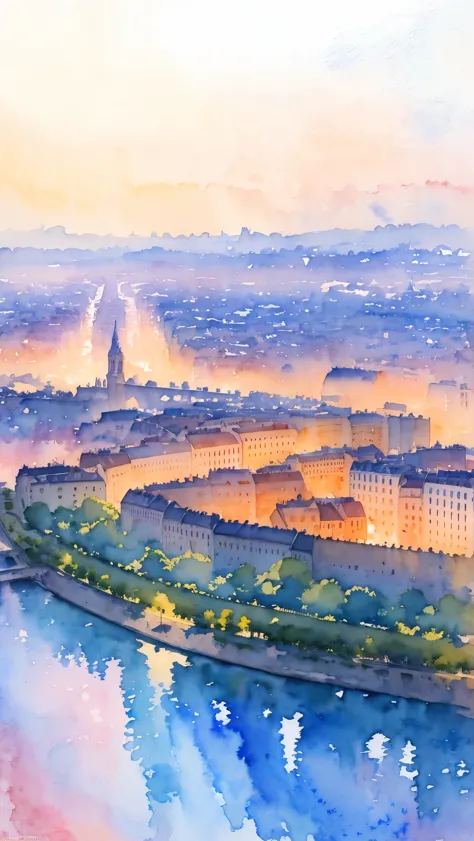 (masterpiece:1.2, Highest quality),(Very detailed),(((watercolor))),8K,wallpaper,Landscape of France,Paris city,From the sky,nig...