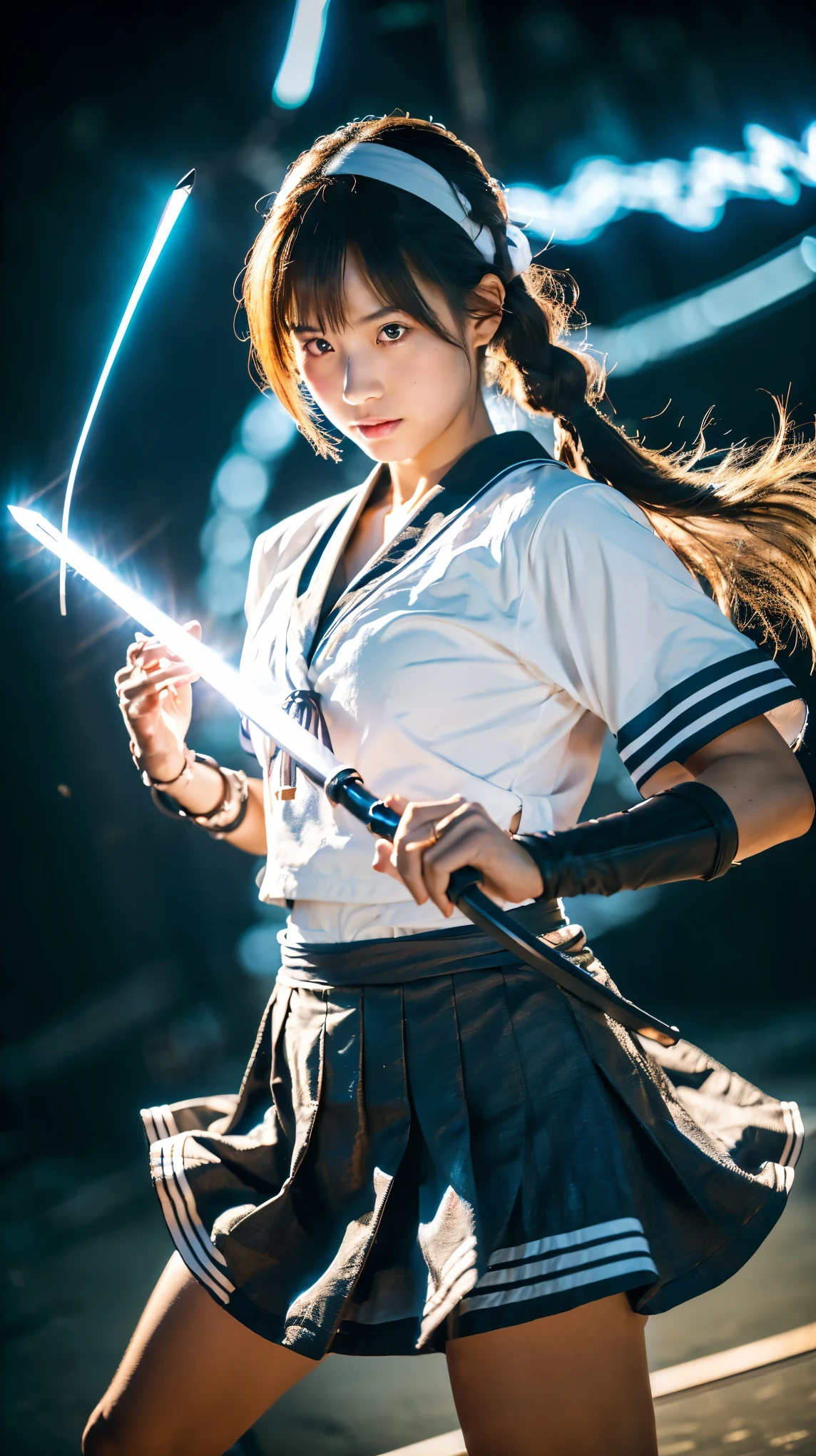 (Ultra HD, Highest quality, High resolution, Hyperrealistic, super beautiful), 24000dpi, Beautiful woman, high school girl, Long Tail, Headband, Well-formed eyes, Eyesight max, 18-year-old, Alluring, Completely American, perfect body, Physical Beauty, ((Japanese Sailor Suit:1.3, serahuku, mini skirt)), (((hold, Electric Japanese Sword, Ancient Scabbard, Two-Way))), Blue Lightning, Charge Move, (Special move position), All in one, Absurd, (((Anatomically correct))), whole body