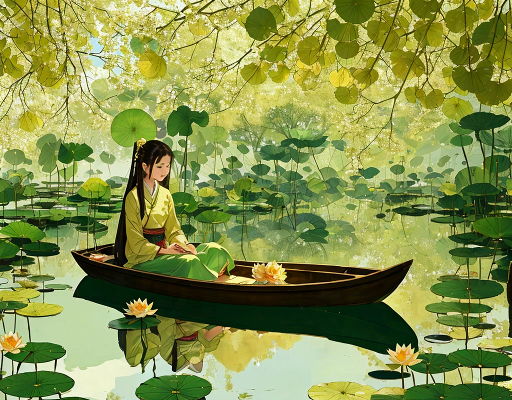 Em um tranquilo lago de lótus, uma garota sentada em um pequeno barco, colhendo delicadamente flores de lótus. O lago estava cheio de folhas verdes exuberantes e flores vibrantes. Luz solar filtrada pelas folhas, lançando um gentil, brilho dourado sobre a cena.