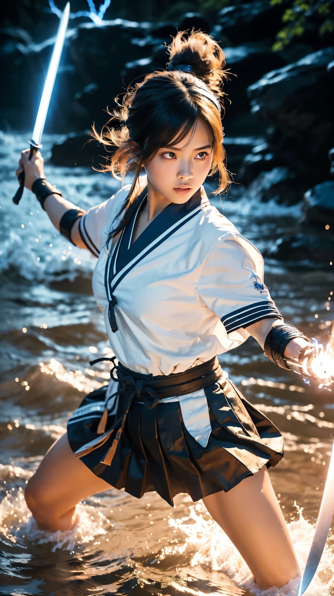 (Ultra HD, Highest quality, High resolution, Hyperrealistic, super beautiful), 24000dpi, Beautiful woman, high school girl, Long Tail, Headband, Well-formed eyes, Eyesight max, 18-year-old, Alluring, Completely American, perfect body, Physical Beauty, ((Japanese Sailor Suit:1.3, mini skirt)), (((hold, Electric Japanese Sword, Ancient Scabbard, Two-Way))), Blue Lightning, Charge Move, (Special move position), All in one, Absurd, (((Anatomically correct))), whole body