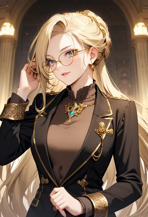 noble，blond，grace，Black suit，Gold rimmed glasses